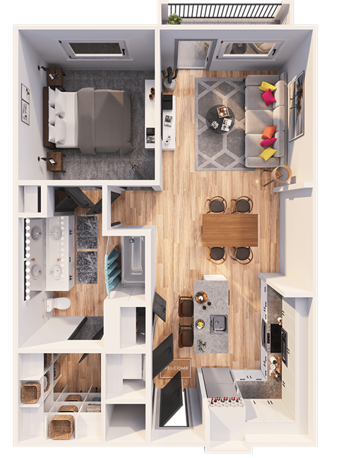 Floor plan for 1 bed, 1 bath, 783 sqft